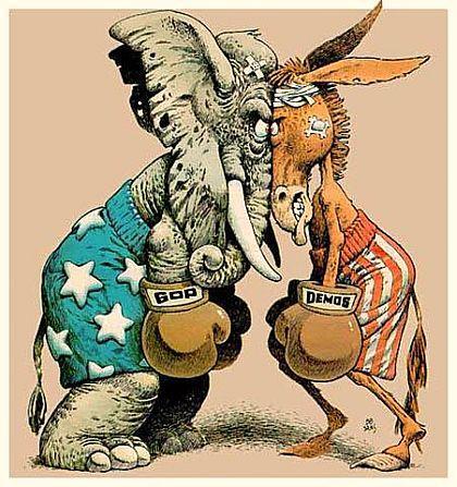 GOP Elephant and Dem Donkey fighting in a boxing ring