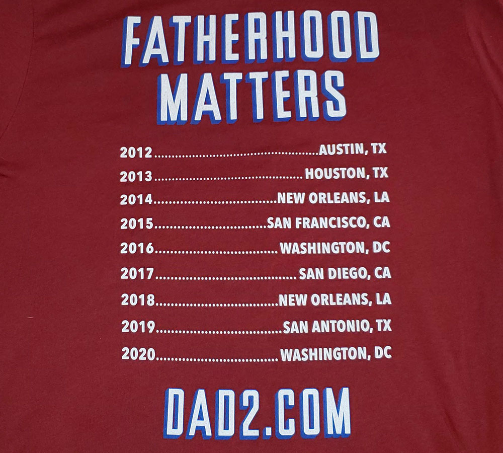 The back of my Dad 2.0 Summit t-shirt that lists all of the conference locations. The Midwest is sorely absent.