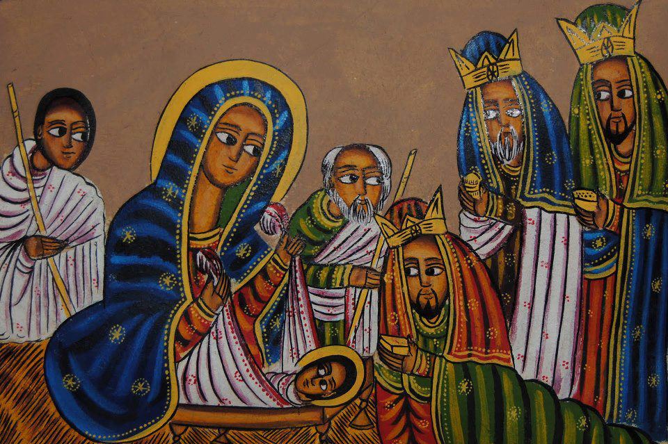 Ethiopian Nativity icon of the magi visiting baby Jesus (Genna)